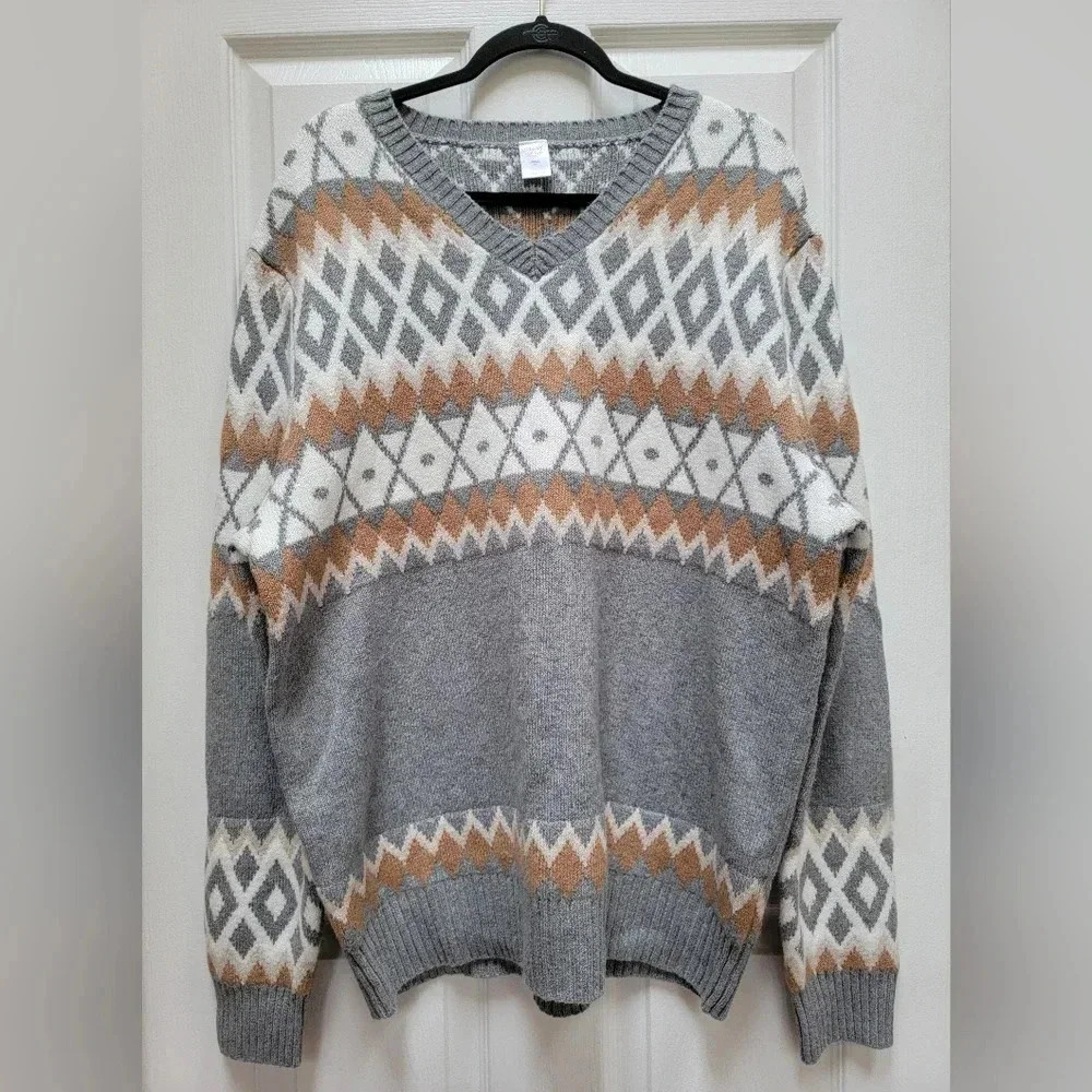North Pole Trading Co Men's Nordic Flair Isle V Neck Sweater Size XL